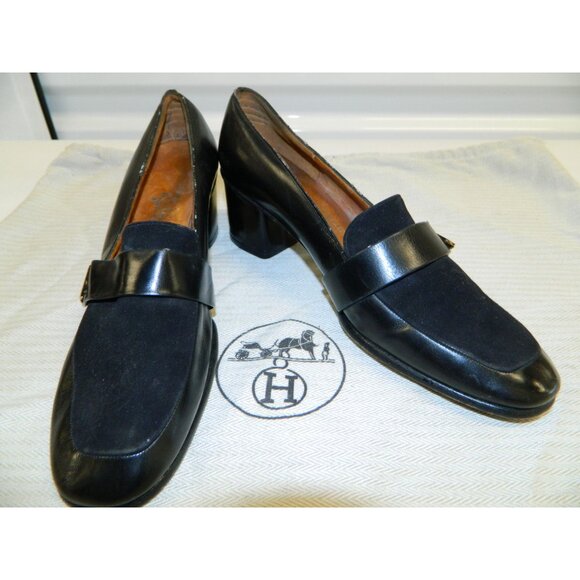 Hermès Paris Vintage Black Leather & Suede Block Heel Loafers Gold "H" Hardware - Picture 13 of 16
